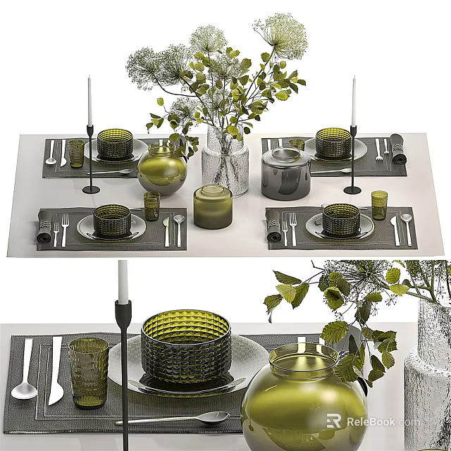 Elegant Dinnerware Set With Green Silver Decor Vase Candles And Green Plants 3d model 
