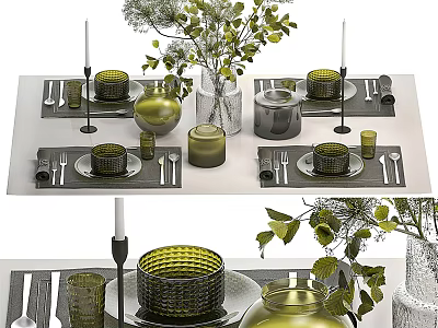 Elegant Dinnerware Set With Green Silver Decor Vase Candles And Green Plants 3d model