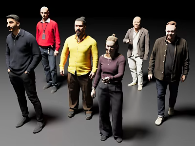 Group of Men in Different Clothing Standing Together on Dark Background 3d model