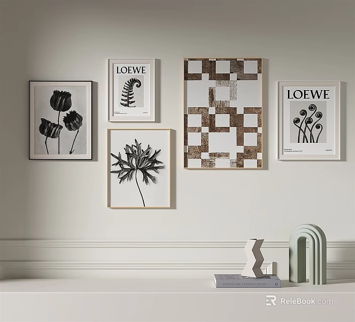 Modern Wall Decor With Framed Artworks And Decorative Objects On Shelf 3d model