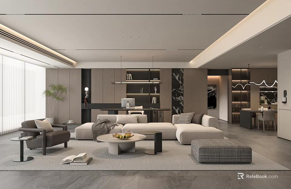 Modern Living and Dining Room Interior With Sofa Coffee Table Marble Wall And Pendant Lights 3d model 