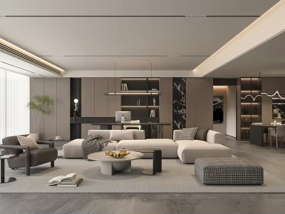 Modern Living and Dining Room Interior With Sofa Coffee Table Marble Wall And Pendant Lights 3d model
