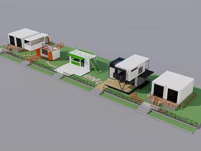 Modern Residential Container Buildings Row With Lawn Pathways Stairs And Balconies 3d model