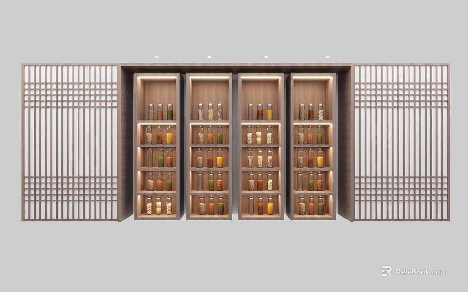 Chinese Style Wooden Display Cabinets With Bottled Items And Lattice Panels 3d model 