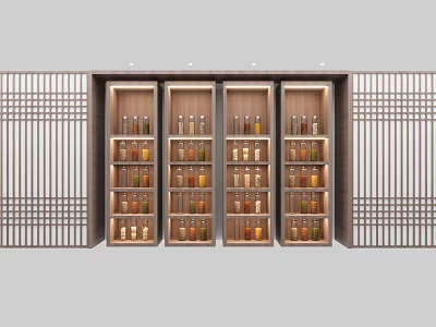 Chinese Style Wooden Display Cabinets With Bottled Items And Lattice Panels 3d model