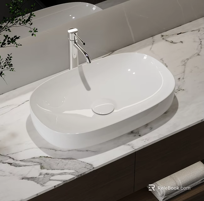 Oval Shaped White Ceramic Washbasin with Modern Silver Faucet on Marble Countertop 3d model 