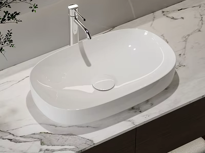 Oval Shaped White Ceramic Washbasin with Modern Silver Faucet on Marble Countertop 3d model