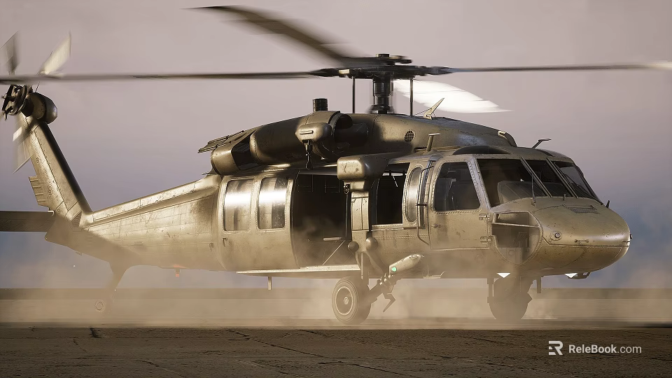 Military Helicopter Taking Off From Dusty Ground With Rotors Spinning 3d model 