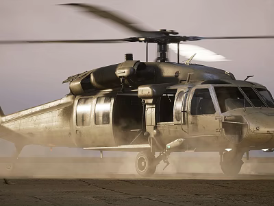 Military Helicopter Taking Off From Dusty Ground With Rotors Spinning 3d model
