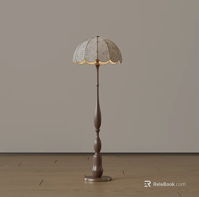 Vintage Floor Lamp With Lace Patterned Cream Shade And Wooden Decorative Column 3d model 