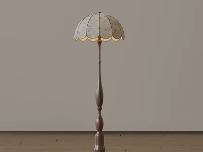 Vintage Floor Lamp With Lace Patterned Cream Shade And Wooden Decorative Column 3d model