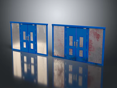 Blue Industrial Doors With Mesh Panels Glass Sections And Red Stains 3d model