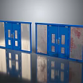 Blue Industrial Doors With Mesh Panels Glass Sections And Red Stains