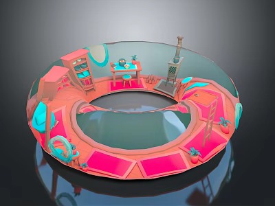 Pink And Blue Furniture With Cabinets And Tables In Circular Playhouse Indoor Scene 3d model