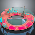 Pink And Blue Furniture With Cabinets And Tables In Circular Playhouse Indoor Scene
