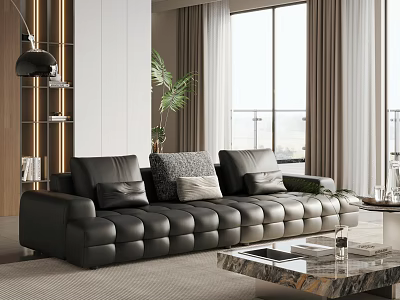 Modern Black Leather Sofa And Marble Top Coffee Table Set For Spacious Bright Living Room 3d model