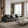 Modern Black Leather Sofa And Marble Top Coffee Table Set For Spacious Bright Living Room