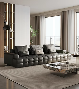 Italian Style Simple Sofa Large Black Cow Sofa Leather Sofa In-line Sofa 3d model