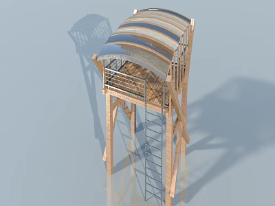 Swing Door Design In Wooden Tower With Glass Roof And Staircase Platform 3d model
