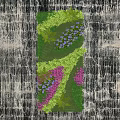 Lush Green Plant Wall With Various Green Plants And Purple Flowers Against Textured Wall