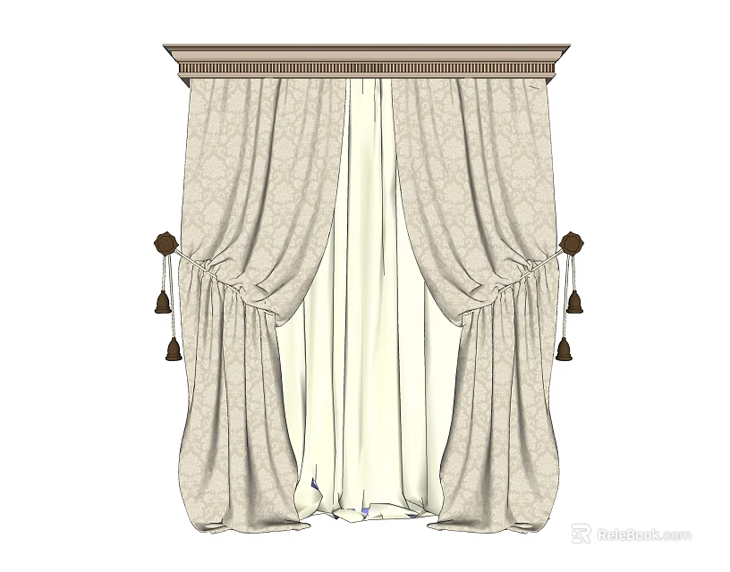 Elegant Patterned Beige Curtains With Tassel Tiebacks And Decorative Valance 3d model 
