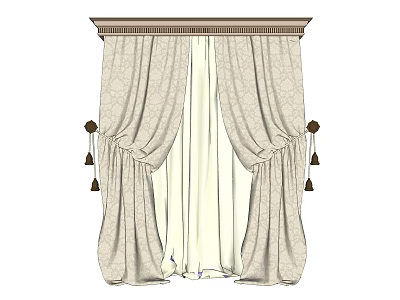 Elegant Patterned Beige Curtains With Tassel Tiebacks And Decorative Valance 3d model