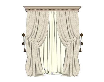 Elegant Patterned Beige Curtains With Tassel Tiebacks And Decorative Valance 3d model