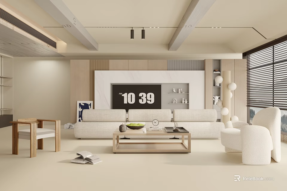 Modern Cozy Cream Tone Living Room Interior With Soft Fabric Sofa And Natural Wood Furniture 3d model 