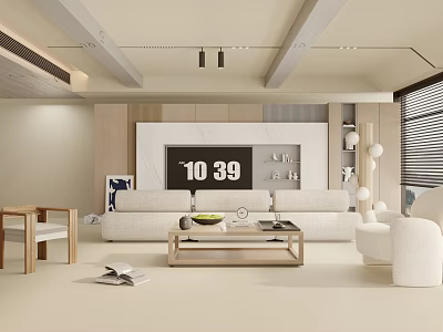 Modern Cozy Cream Tone Living Room Interior With Soft Fabric Sofa And Natural Wood Furniture 3d model