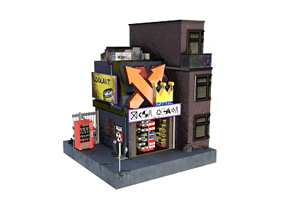 Cartoon Scene Of Multi Level Building With Colorful Signboards And Shop Decorations 3d model