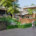 Modern Commercial Street With Modern Buildings Greenery And Outdoor Seating Areas