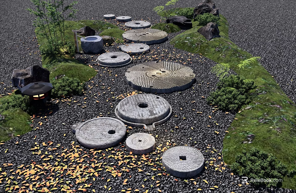 Japanese Zen Garden With Stone Millstones Pebble Pathway Lantern And Green Plants 3d model 