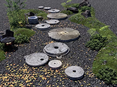 Japanese Zen Garden With Stone Millstones Pebble Pathway Lantern And Green Plants 3d model