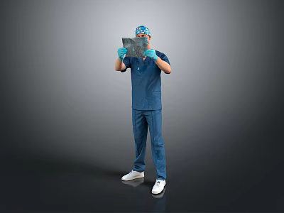 Man In Blue Medical Scrubs Holding X Ray With Gloves And Surgical Cap 3d model