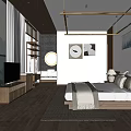 Modern Hotel Guest Room With White Canopy Bed Round Mirror Decorative Paintings And Natural Light