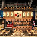 Traditional Japanese Restaurant Exterior With Wooden Roof Lanterns And Seating Area