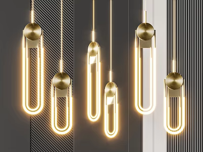 Modern Brass Chandeliers With Sleek Elongated Illuminated Tubes On Dark Textured Wall 3d model