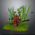 Man Wearing Traditional Samurai Costume With Helmet Holding Sword Near Bamboo On Green Grass