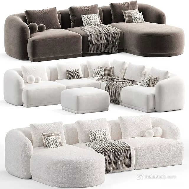 Modern Sectional Sofa In White And Brown With Plush Pillows Cozy Throw Blanket And Ottoman 3d model 