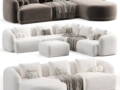 Modern Sectional Sofa In White And Brown With Plush Pillows Cozy Throw Blanket And Ottoman 3d model