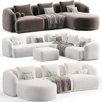 Modern Sectional Sofa In White And Brown With Plush Pillows Cozy Throw Blanket And Ottoman 3d model