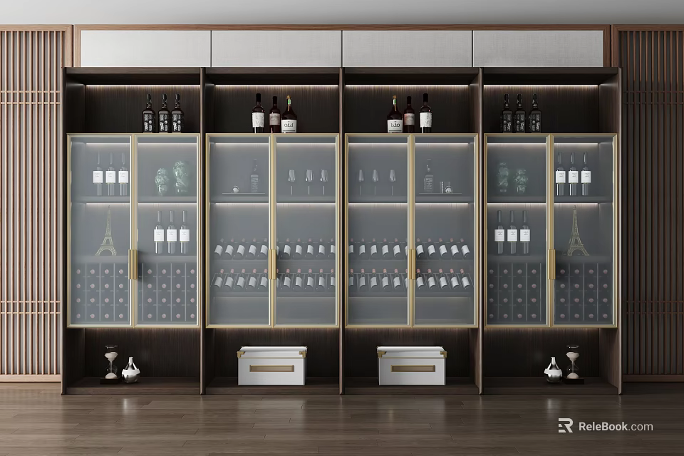 Modern Luxurious Wine Cabinet With Glass Doors Wooden Frame And Gold Accents Displaying Wine Bottles 3d model 