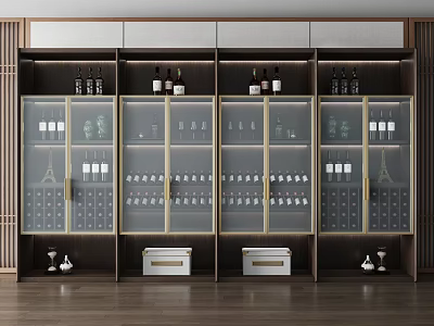 Modern Luxurious Wine Cabinet With Glass Doors Wooden Frame And Gold Accents Displaying Wine Bottles 3d model