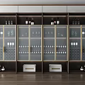 Modern Luxurious Wine Cabinet With Glass Doors Wooden Frame And Gold Accents Displaying Wine Bottles