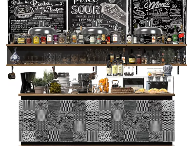 Stylish Bar Counter With Chalkboard Menu Bottles Glasses Coffee Machine And Patterned Front 3d model