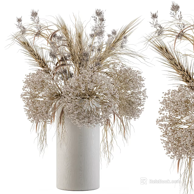 White Vase With Dried Wheat Ears And White Spherical Flowers In Minimalist Design 3d model 