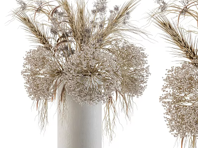 White Vase With Dried Wheat Ears And White Spherical Flowers In Minimalist Design 3d model