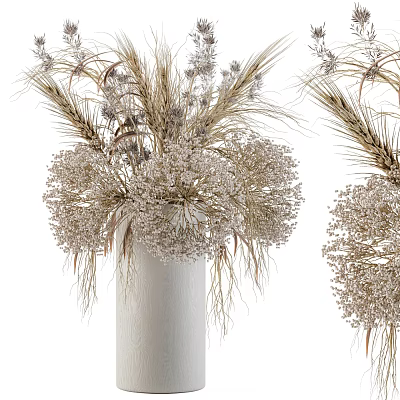 White Vase With Dried Wheat Ears And White Spherical Flowers In Minimalist Design 3d model