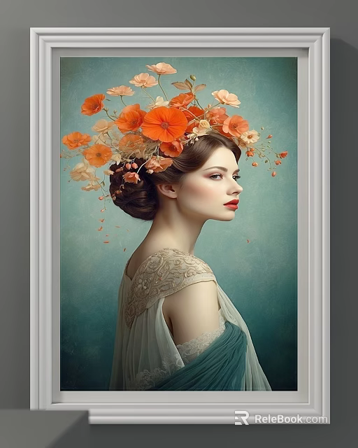 Detailed Portrait Painting of Woman in Floral Headdress with Orange Flowers and Lace Dress 3d model 