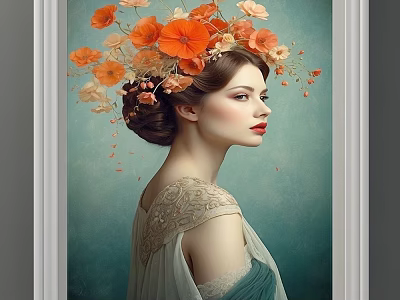 Detailed Portrait Painting of Woman in Floral Headdress with Orange Flowers and Lace Dress 3d model